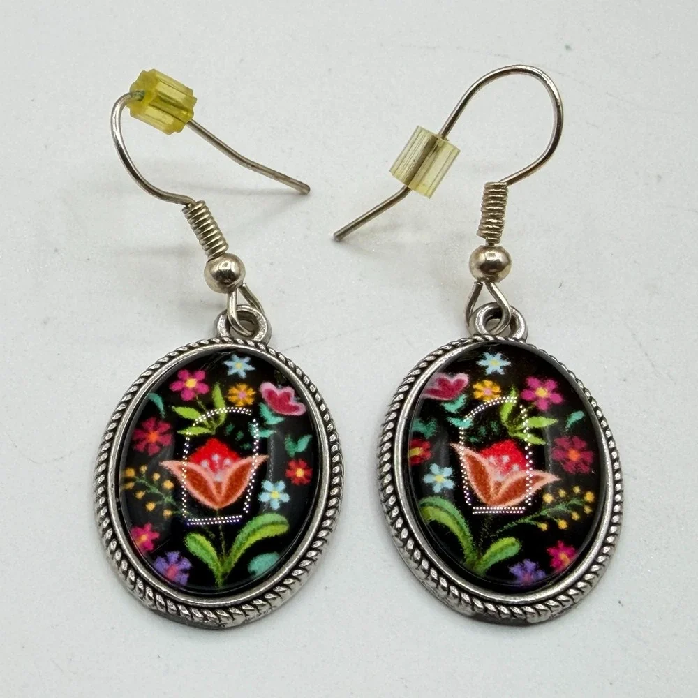 Floral Folk Art Earrings Black Multicolor Flower Oval Silver Tone Dangle Pair